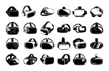 Vr garniture ink sketch vector set. Virtual reality glasses digital gadgets devices augmented universe icons isolated on white background
