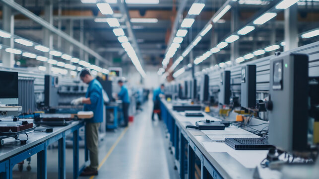 A long shot of a production line dedicated to assembling consumer electronics, with workers stationed at regular intervals. The natural daylight enhances the modernity of the techn