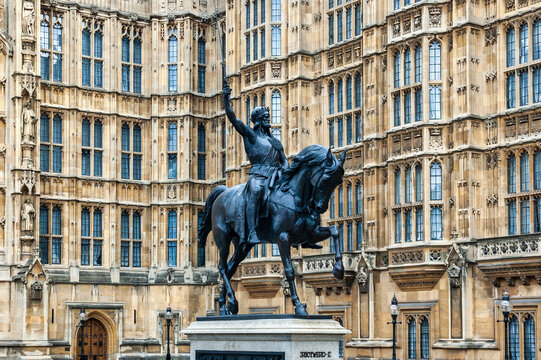Statue of Richard I (Richard the Lion Heart) outside The Palace of Westminster (Houses of Parliament) in the city of Westminster, London, England