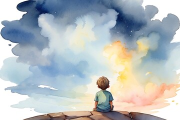 Cute little boy sitting on the edge of a cliff and looking at the sky. Watercolor illustration.