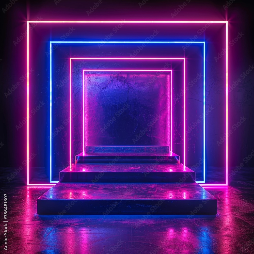 Poster neon geometric patterns light up the abstract background, creating a dazzling display for futuristic