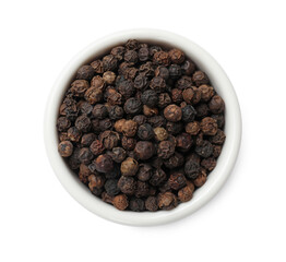 Aromatic spice. Many black peppercorns in bowl isolated on white, top view
