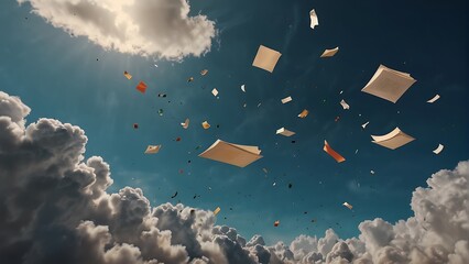 Many books and documents fell from the sky among the clouds. - obrazy, fototapety, plakaty
