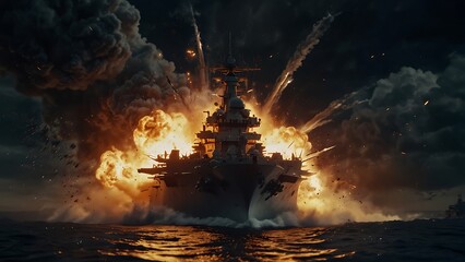Fiery Seascape at Sunset Battleship: A mesmerizing scene with flames dancing on the water at dusk. violent explosion Framed with the silhouette of a ship against the evening sky.