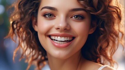 Obraz premium Joyful Brunette Woman with Beautiful Smile and Laughing Eyes