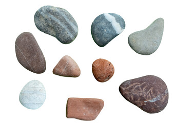 Fototapeta na wymiar Set of pebble stones in different colors, pattern and shapes, isolated image on transparent background