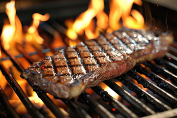 Sizzling Steak Sizzle A juicy steak sizzling on a hot grill, flames licking at its sides, with grill marks and a perfect sear