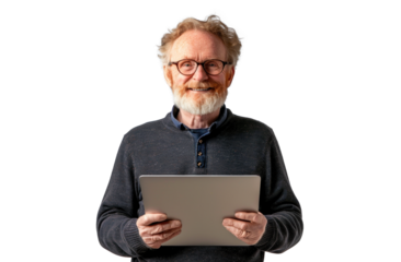 Senior Man with Tablet on Transparent Background