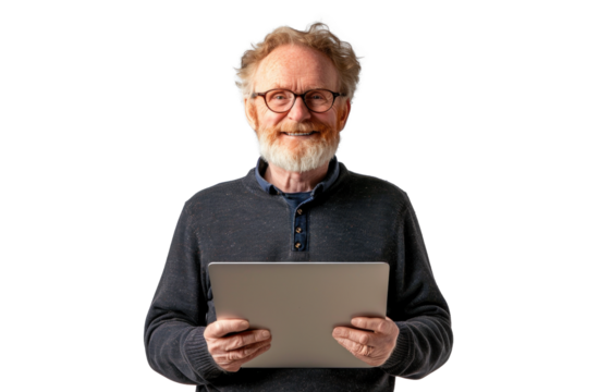 Senior Man with Tablet on Transparent Background