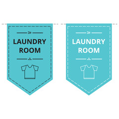Cartel de cuarto de lavado con icono de ropa en color celeste. Vector