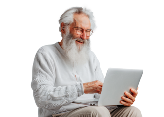 Joyful Senior Man Using Laptop on Transparent