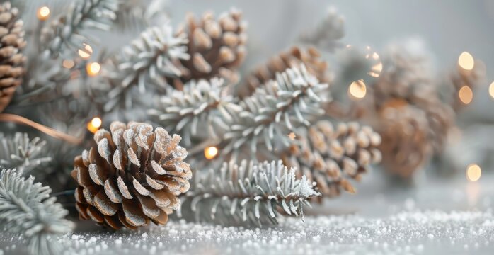 Christmas tree lights and pine cones on light grey background with copy space, banner for Christmas card design Generative AI