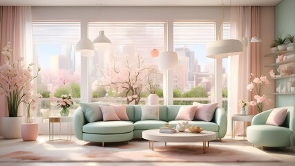 Subject Description: A photorealistic depiction of a modern interior with a spring theme, featuring blurred elements to create a sense of depth and movement. The interior includes contemporary furnitu - obrazy, fototapety, plakaty