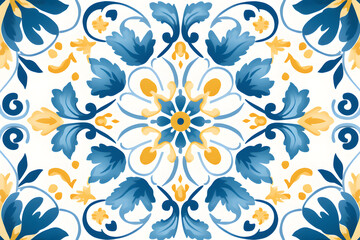 Pattern of Portuguese azulejos tiles. Rustic blue and yellow tile watercolor seamless pattern