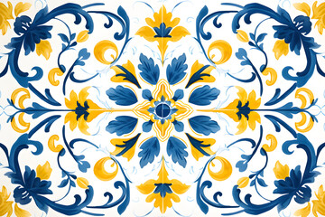 Pattern of Portuguese azulejos tiles. Rustic blue and yellow tile watercolor seamless pattern