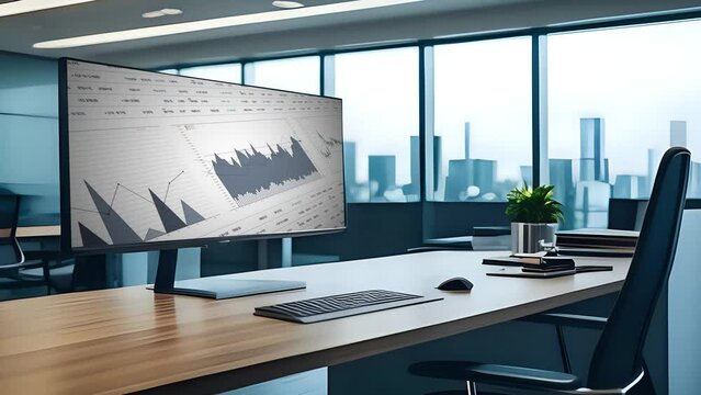 Data report analysis on computer monitor in modern business office