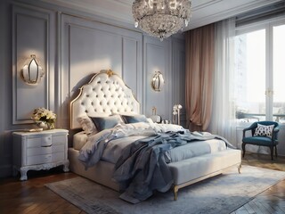 Blue and golden luxury bedroom in classic style, interior design.