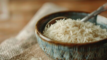 Close up of a bowl and spoon with uncooked basmati rice