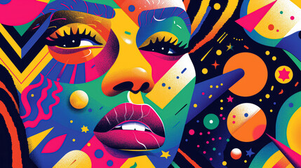 A colorful painting of a woman's face with a star in the corner. The painting is abstract and has a vibrant, energetic feel to it