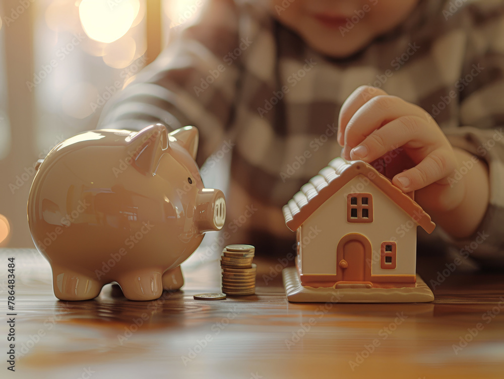 Sticker A child is putting coins into a piggy bank next to a house. The child is saving money to buy a house