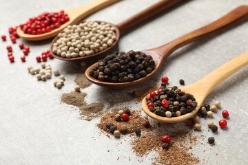 Aromatic spice. Different peppers in spoons on light textured table, closeup