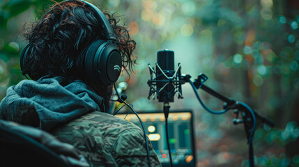 A person wearing headphones is recording a song. Scene is focused and determined