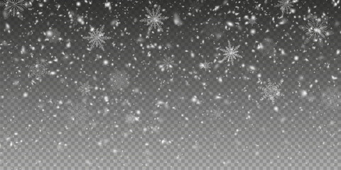 Christmas background with small falling snowflakes. Snow storm effect, blurred, cold wind with snow png. Holiday powder snow for cards, invitations, banners, advertising. - obrazy, fototapety, plakaty