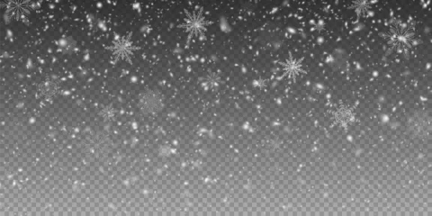 Fotobehang Christmas background with small falling snowflakes. Snow storm effect, blurred, cold wind with snow png. Holiday powder snow for cards, invitations, banners, advertising. © Александр Боярин