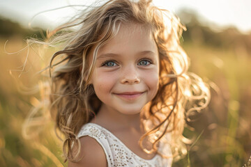 A young girl with blonde hair and blue eyes is smiling in a field. Concept of innocence and happiness, as the girl appears to be enjoying her time outdoors