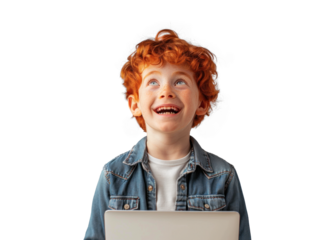 Redhead Child with Laptop on Transparent Bg