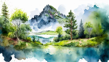 Fototapeten Colorful mountain landscape watercolor. Mountain peak and fir trees. Nature beauty illustration © happyjack29