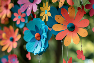 A colorful display of paper flowers hanging from a tree. The flowers are of various colors and sizes, creating a vibrant and cheerful atmosphere