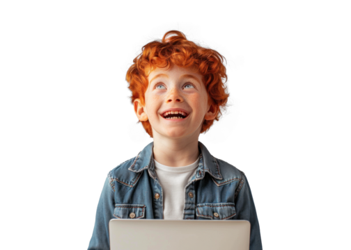 Redhead Child with Laptop on Transparent Bg