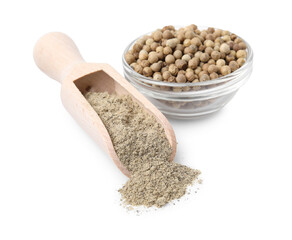 Aromatic spice. Ground and whole pepper in dishware isolated on white