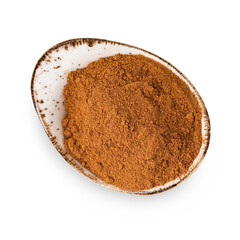 Aromatic spice. Ground red pepper in bowl isolated on white, top view