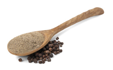 Aromatic spice. Ground black pepper in spoon and peppercorns isolated on white