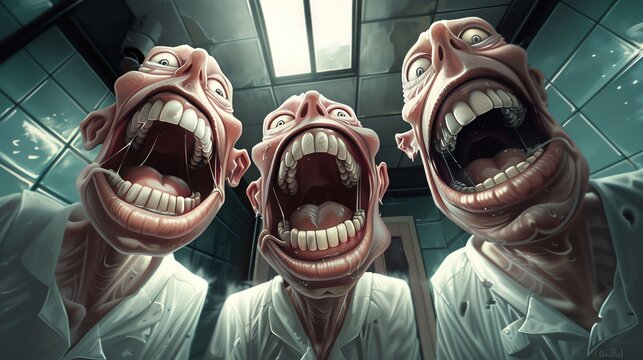 Craft a photo-realistic illustration of three box head humans sporting enormous grins in a dark, hospital setting, captured from a dynamic low-angle perspective, emphasizing the immense mouths