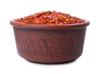 Aromatic spice. Red chili pepper flakes in bowl isolated on white