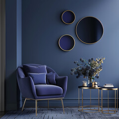Deep dark livingroom with blue navy empty paint wall, decor mirrors, armchair. Accent indigo cyan color. Mockup for art or picture. Modern interior design room - minimalist lounge reception. 3d render