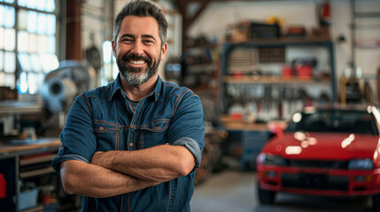 Obraz premium A man is smiling in a garage with a red car behind him. Scene is happy and positive