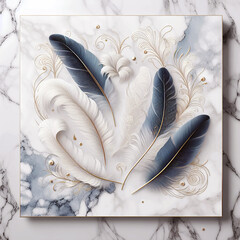 3d illustration, panel wall art, with feather blue black white marble background - Generative AI	