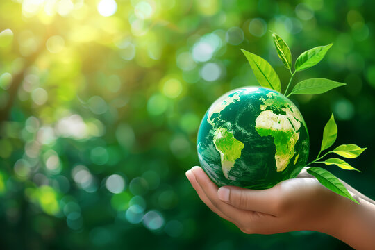 Hands holding a green small planet, symbolic eco gesture for environmental protection, human responsibility for nature conservation, Earth care and sustainable development