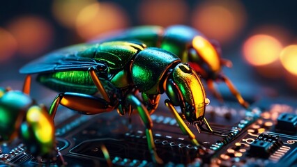 Close-up of a computer circuit board with a red ladybug on a leaf in a garden