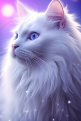 digital art of Stunning Shining Pure White cat with glowing light background