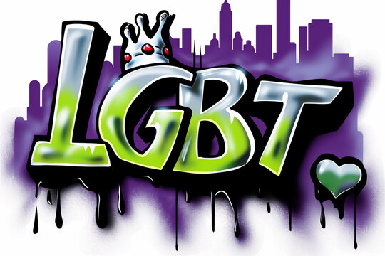 LGBT - graffiti style inscription. Spray painted tag, street art design. NYC skyline with World Trade Center and Brooklyn Bridge. Wallpaper and background resource.