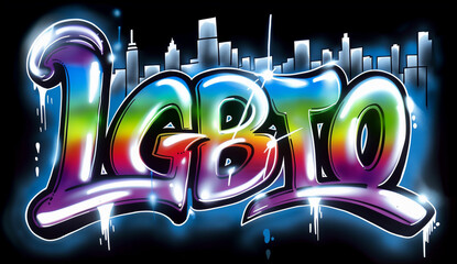 LGBTQ - graffiti style inscription. Spray painted tag, street art design. NYC skyline with World Trade Center and Brooklyn Bridge. Wallpaper and background resource.