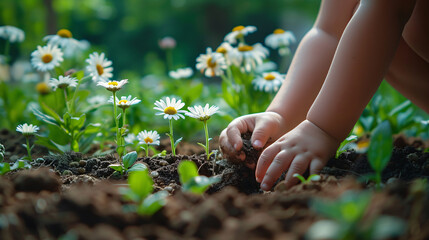 A child plants flowers in the garden, focusing on hands and the soil. The image captures the essence of growth and learning.