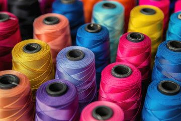 Technicolor Threads A vibrant display of colorful spools of thread neatly arranged, ready to be transformed into stunning textiles