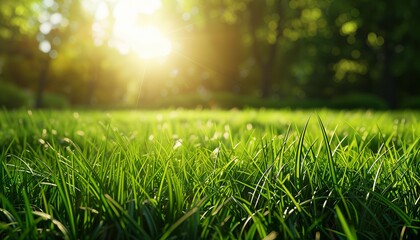 A beautiful green grass field with the sun shining.