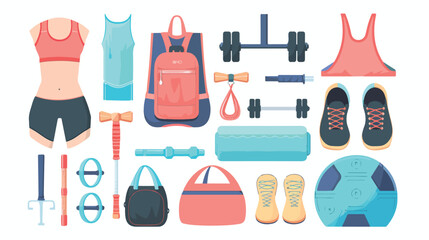 Sport equipment gym accessory people athlete set. 
